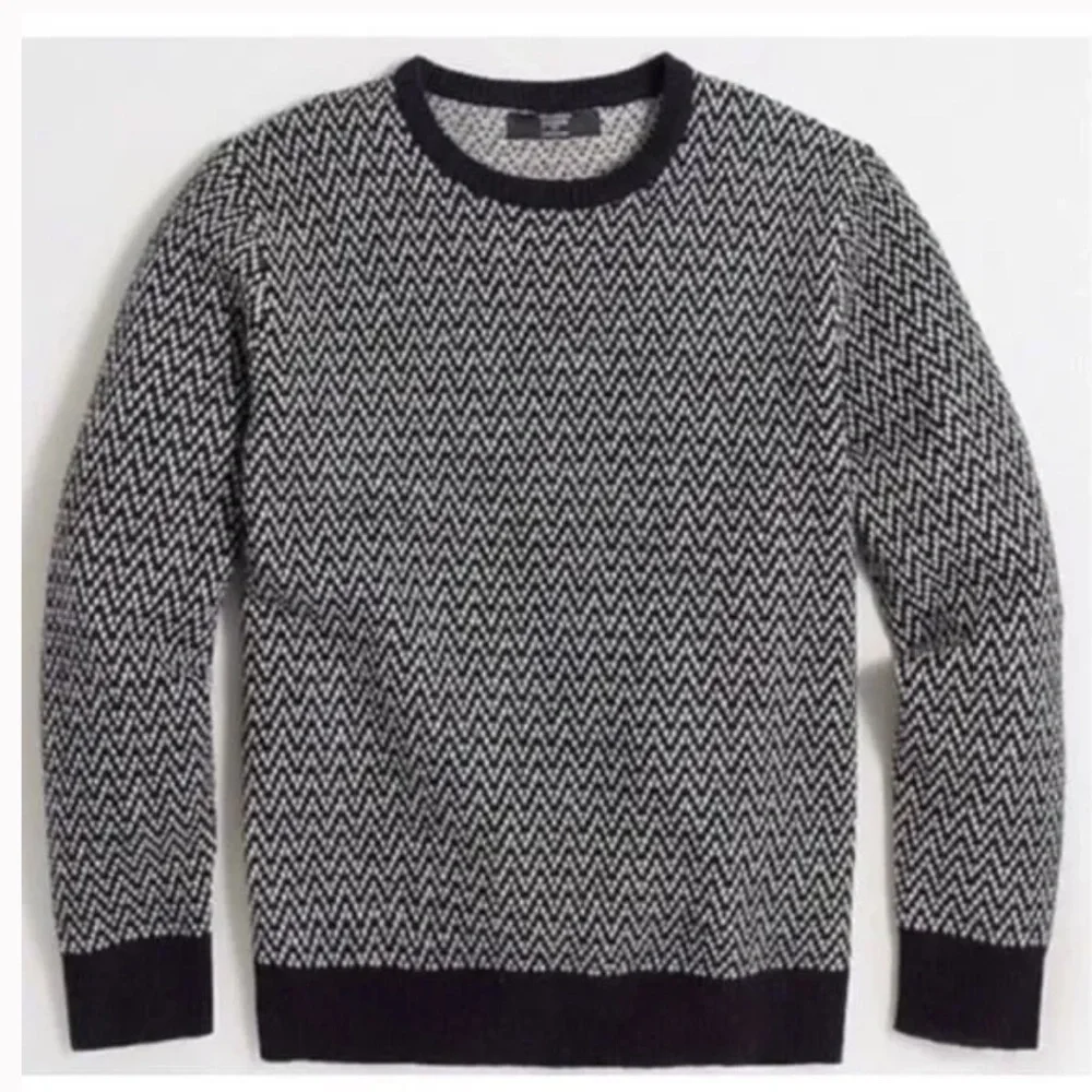 J crew mens lambswool colorblock herringbone sweater navy blue